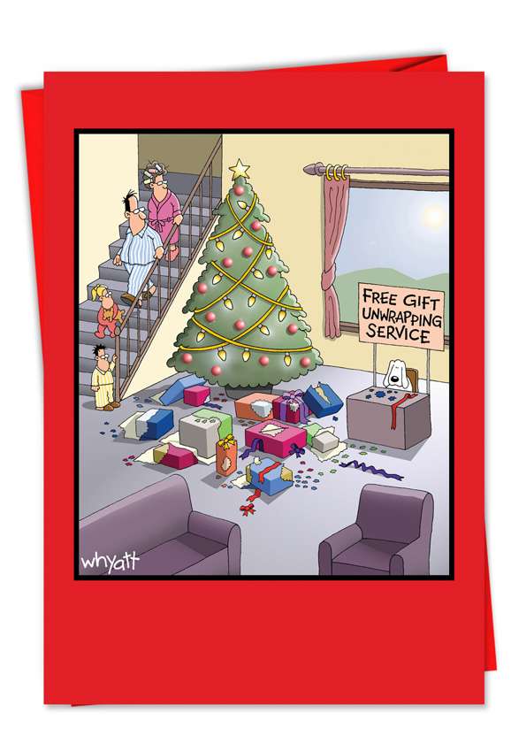 Gift Unwrapping Service Cartoon Christmas Card