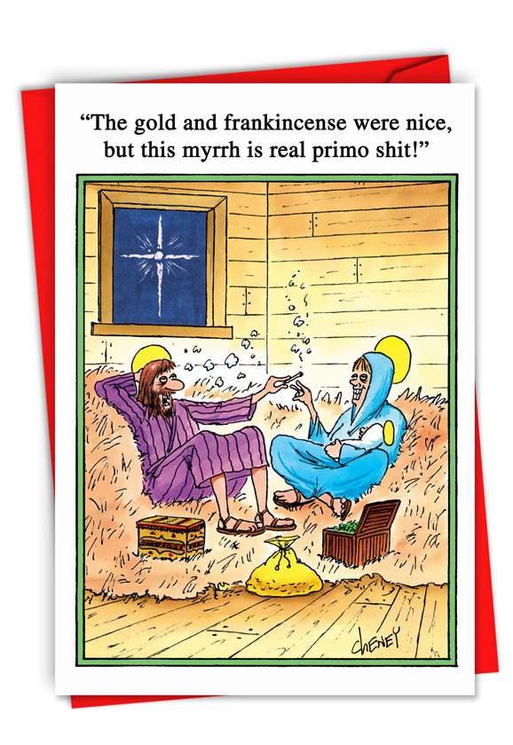 Humorous Christmas Printed Card by Tom Cheney from NobleWorksCards.com - Gold and Frankincense