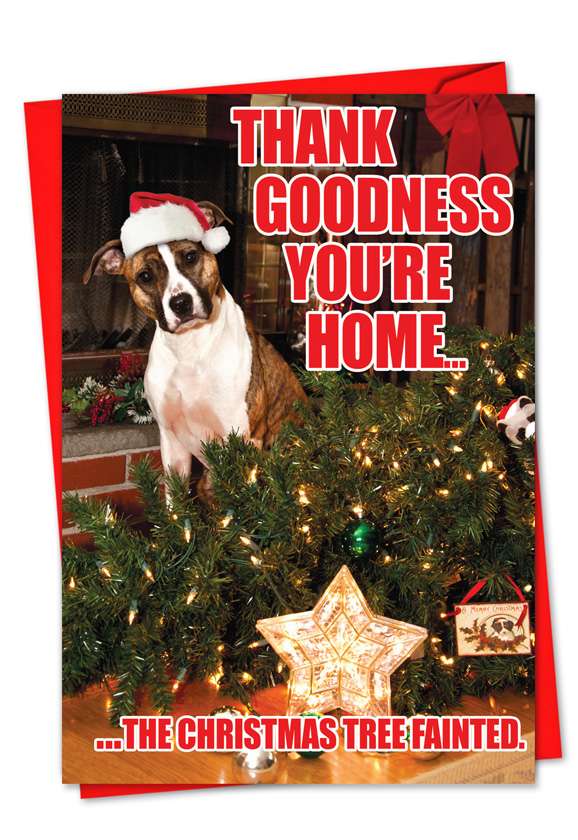 Humorous Blank Paper Greeting Card from NobleWorksCards.com - Christmas Tree Fainted