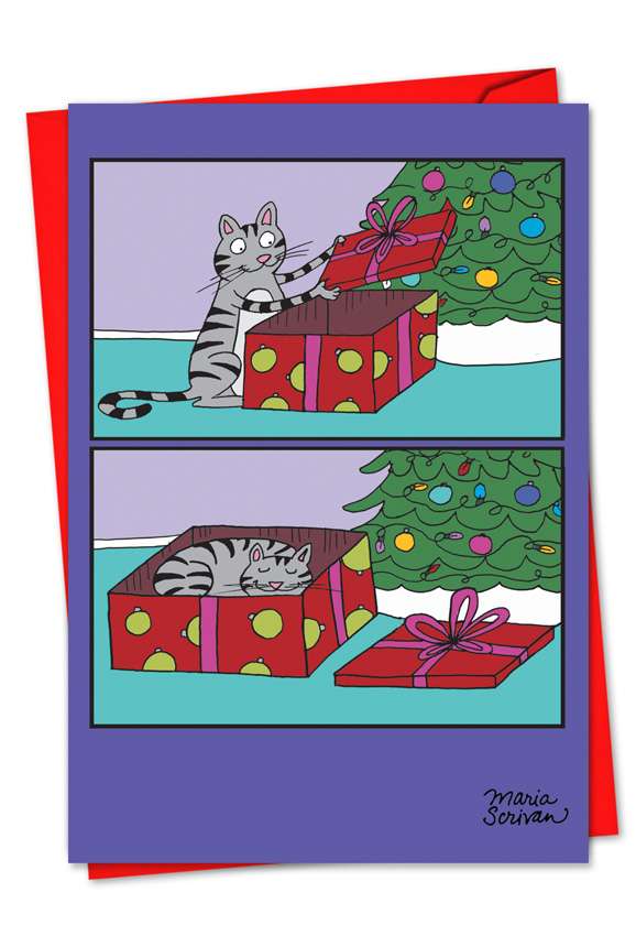 Hilarious Christmas Printed Greeting Card by Maria Scrivan from NobleWorksCards.com - Cat Present