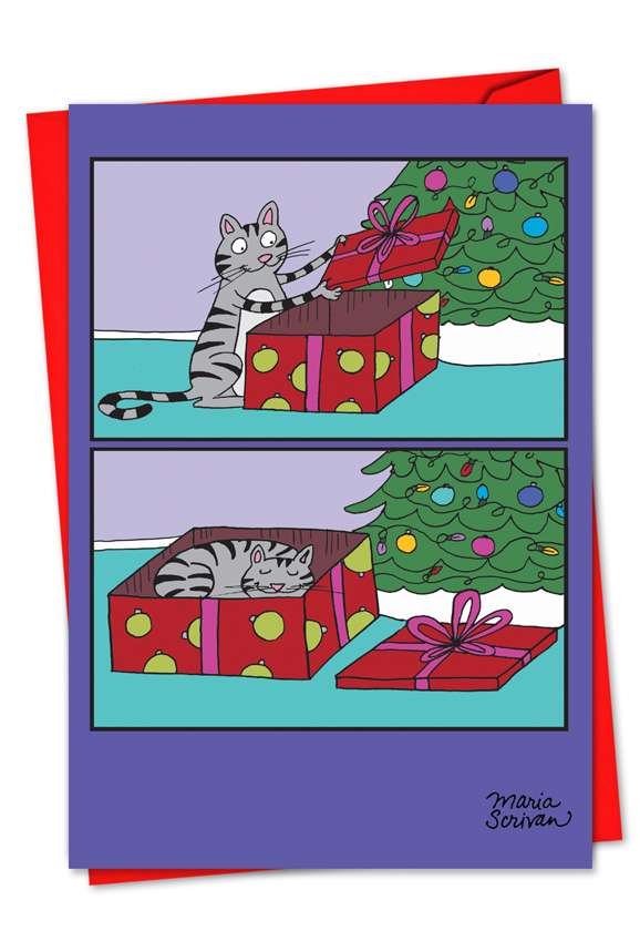 Funny Blank Paper Greeting Card by Maria Scrivan from NobleWorksCards.com - Cat Present