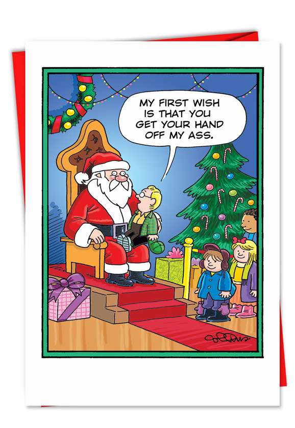 Humorous Christmas Paper Greeting Card by Daniel Collins from NobleWorksCards.com - First Wish