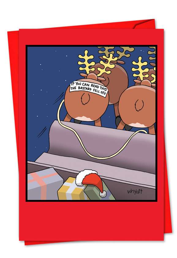 Humorous Christmas Paper Greeting Card by Tim Whyatt from NobleWorksCards.com - Reindeer Bumper Sticker