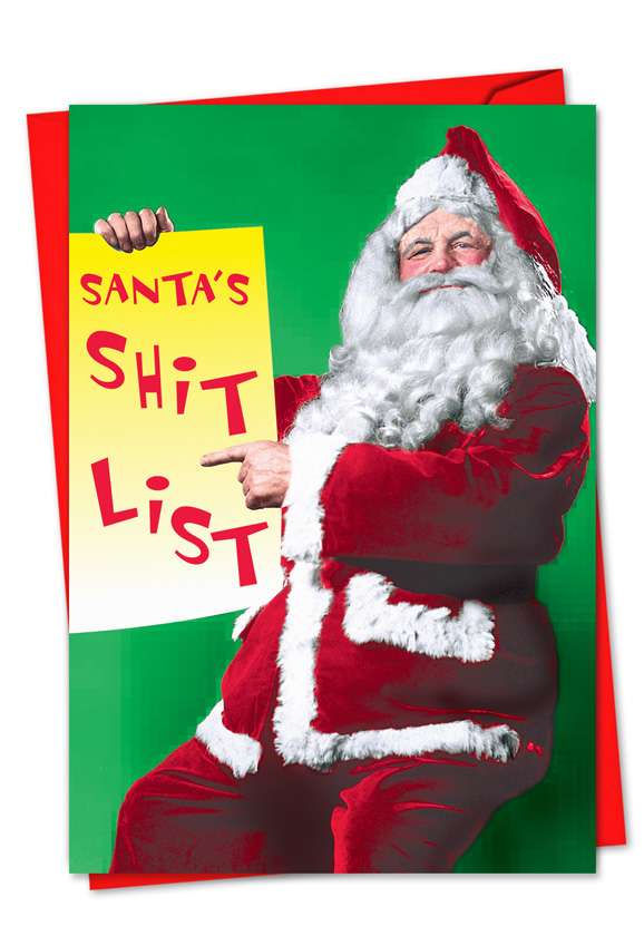Humorous Blank Paper Greeting Card from NobleWorksCards.com - Santa Shit List
