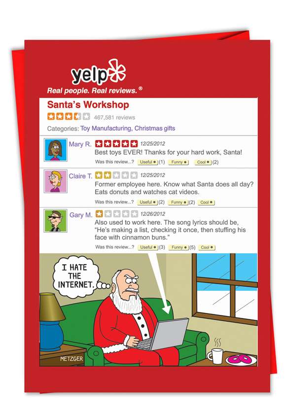 Funny Christmas Printed Greeting Card by Scott Metzger from NobleWorksCards.com - Santa Yelp Page