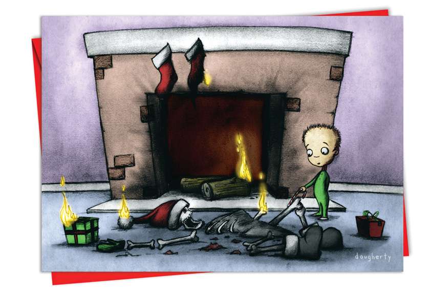 Humorous Christmas Printed Greeting Card by Michael Dougherty from NobleWorksCards.com - Fireplace
