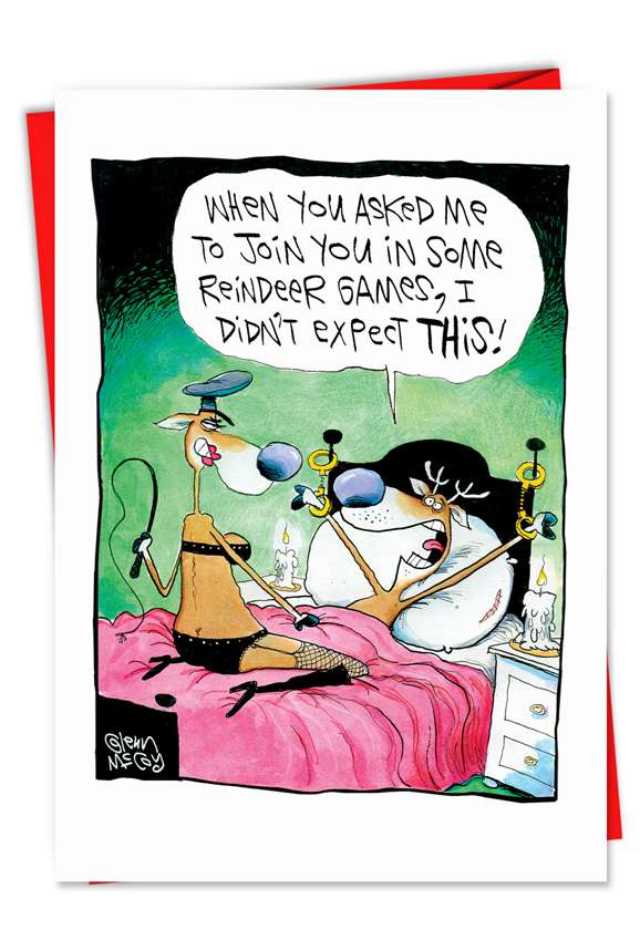 Humorous Christmas Paper Card by Glenn McCoy from NobleWorksCards.com - S&M Reindeer