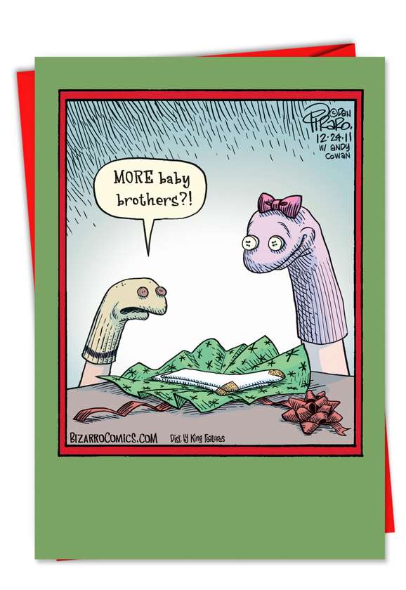 Hilarious Christmas Printed Greeting Card by Dan Piraro from NobleWorksCards.com - Baby Sock Brothers