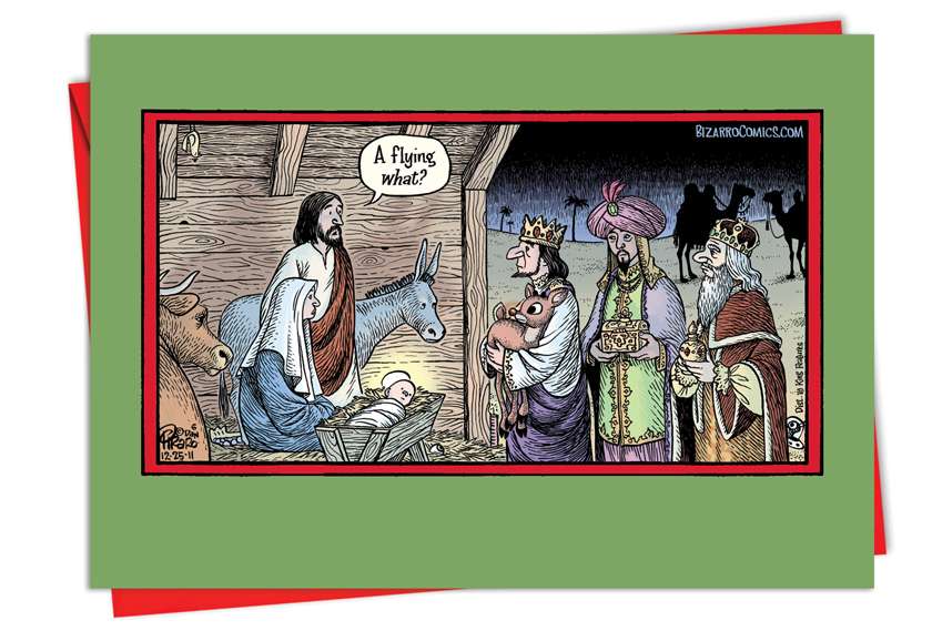 Hysterical Christmas Greeting Card by Dan Piraro from NobleWorksCards.com - Flying Reindeer Manger