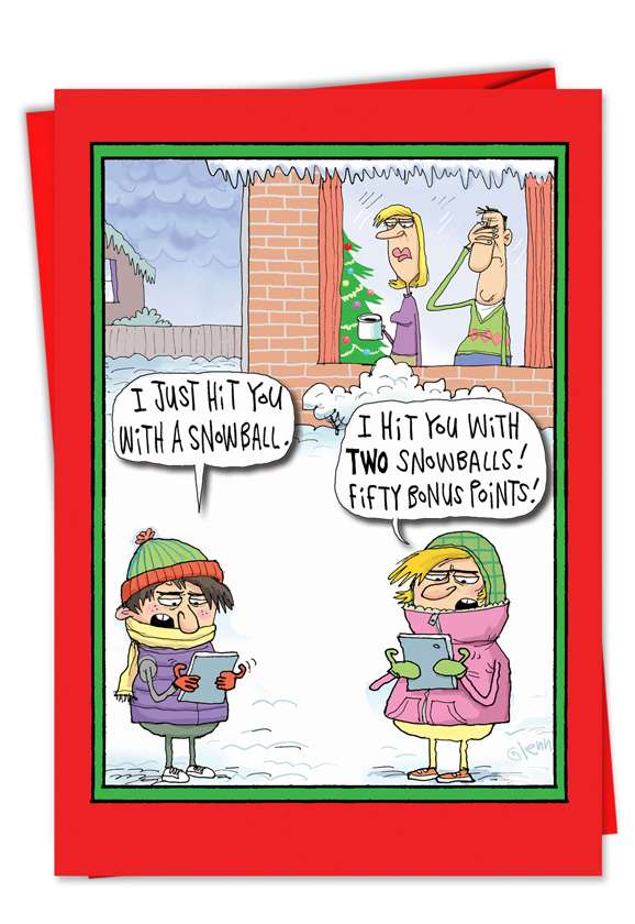 Hilarious Christmas Paper Card by Glenn McCoy from NobleWorksCards.com - iPad Snowball Fight