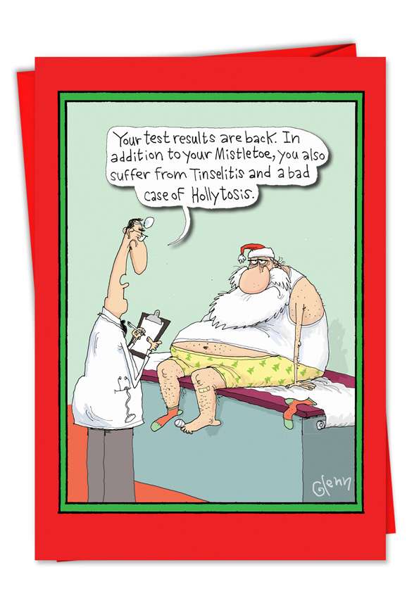 Humorous Christmas Paper Card by Glenn McCoy from NobleWorksCards.com - Santa Doctor Visit