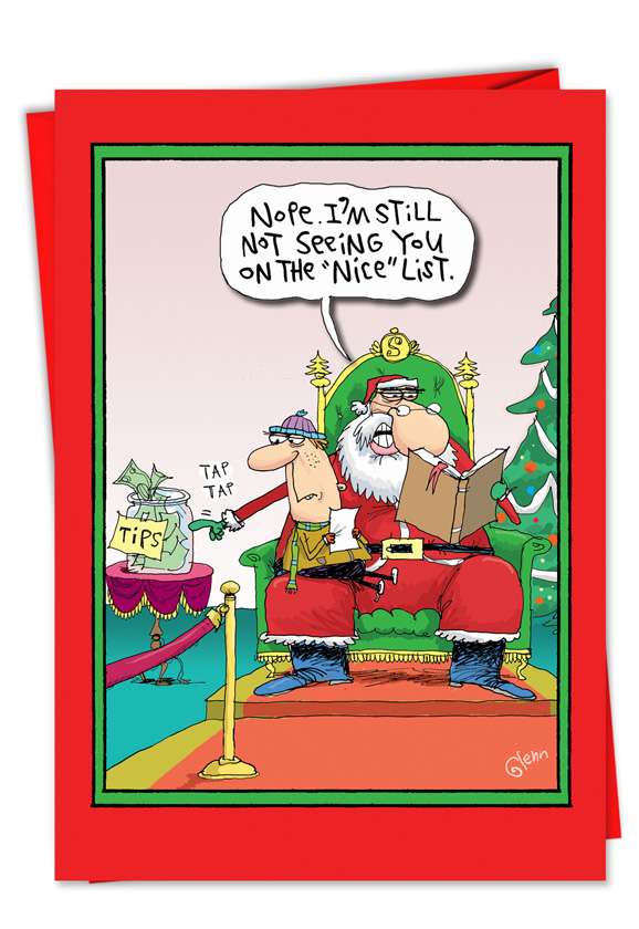 Hysterical Christmas Greeting Card by Glenn McCoy from NobleWorksCards.com - Santa Tips Nice List