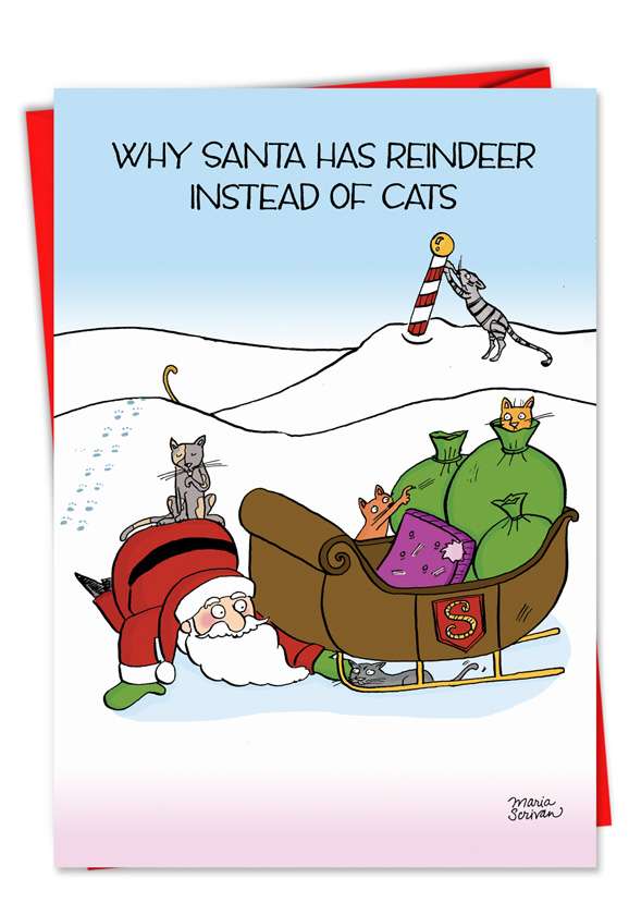 Hysterical Christmas Printed Greeting Card by Maria Scrivan from NobleWorksCards.com - Reindeer Cats
