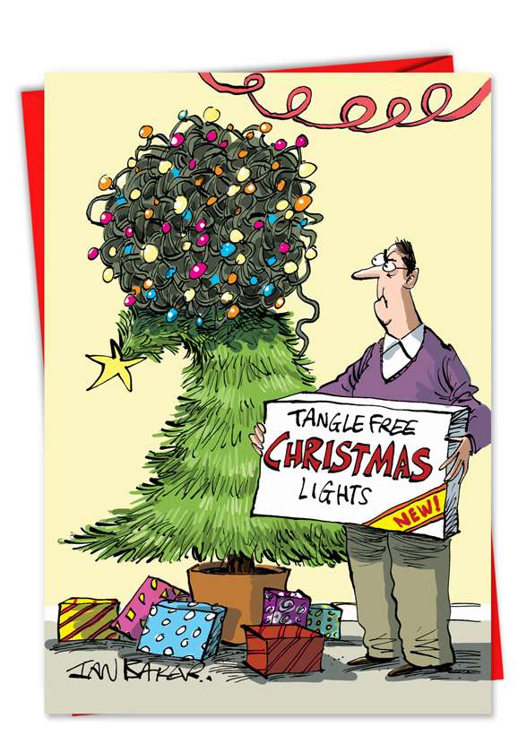 Hilarious Christmas Printed Greeting Card by Ian Baker from NobleWorksCards.com - Tangle Free Lights