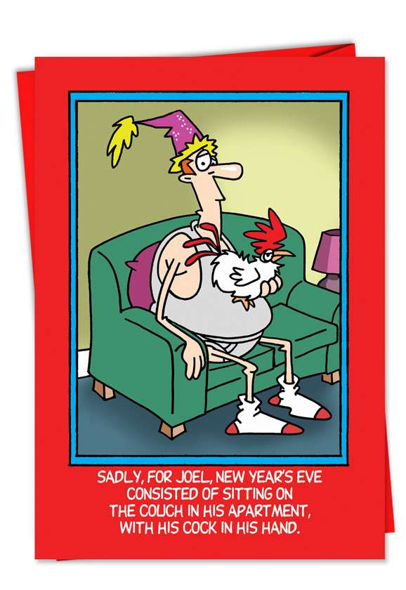 Hysterical New Year Printed Greeting Card by D. T. Walsh from NobleWorksCards.com - Cock in Hand