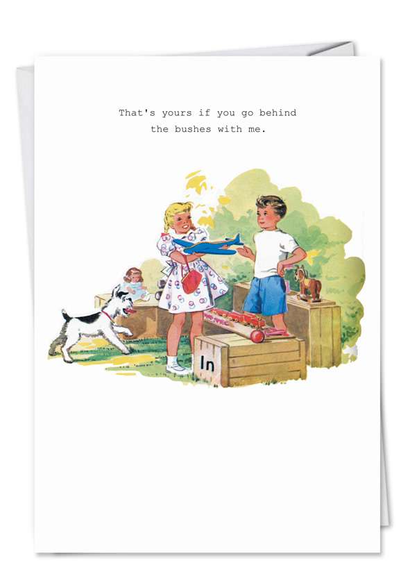 Hysterical Valentine's Day Printed Greeting Card by SuperIndusatrialLove from NobleWorksCards.com - Behind Bushes