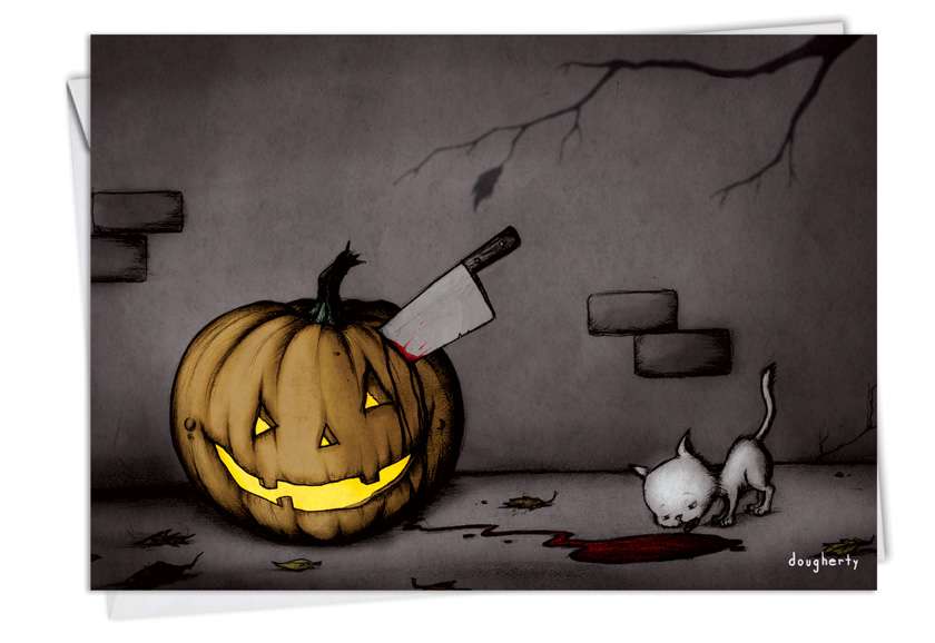 Hilarious Halloween Paper Greeting Card by Michael Dougherty from NobleWorksCards.com - Pumpkin Stab