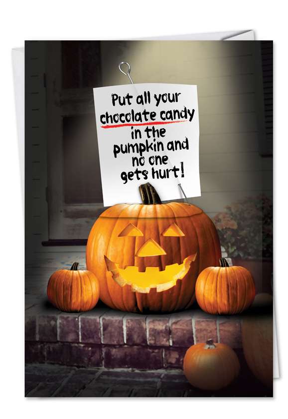 Humorous Halloween Paper Greeting Card from NobleWorksCards.com - Chocolate in Pumpkin