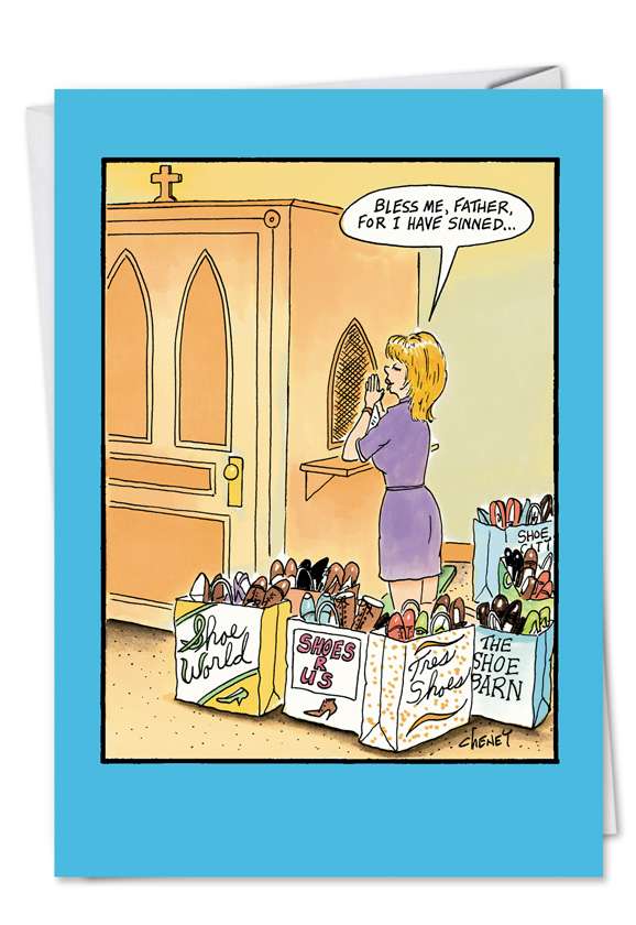Humorous Birthday Printed Greeting Card by Tom Cheney from NobleWorksCards.com - Bless Me Shoes