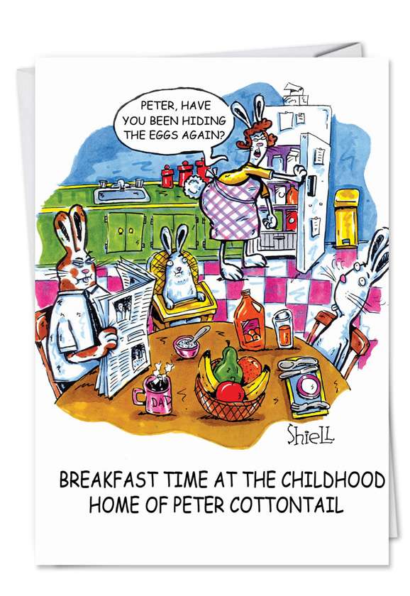 Funny Easter Greeting Card by Mike Shiell from NobleWorksCards.com - Hiding Eggs Again