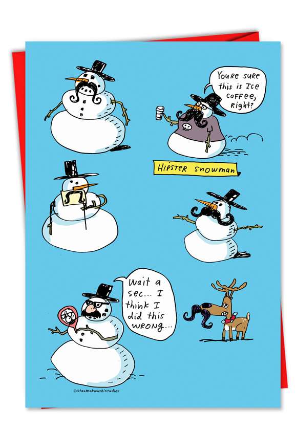 Funny Christmas Printed Greeting Card by Stanley Makowski from NobleWorksCards.com - Stache-men