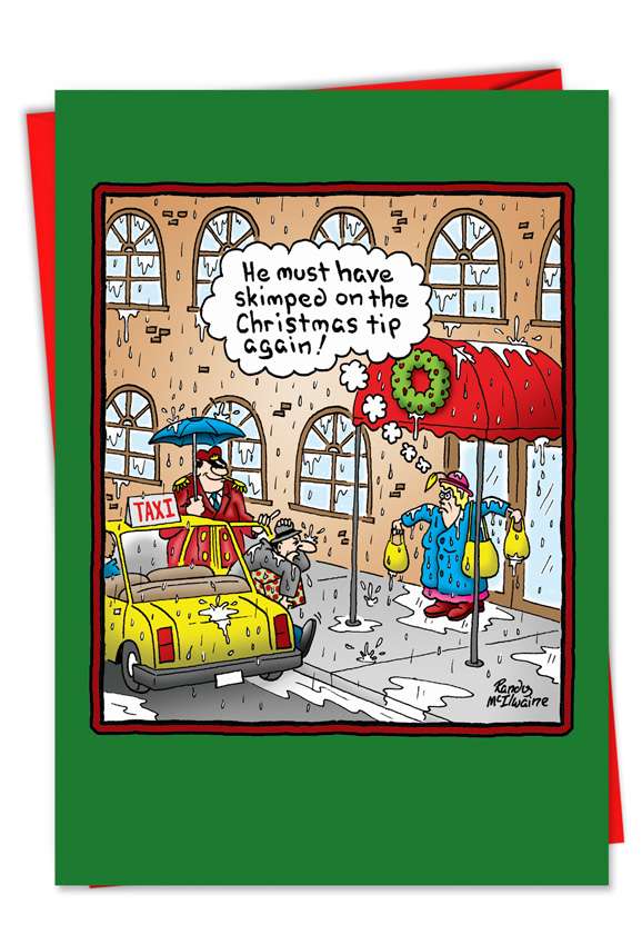 Funny Christmas Printed Greeting Card by Randall McIlwaine from NobleWorksCards.com - Tip the Doorman