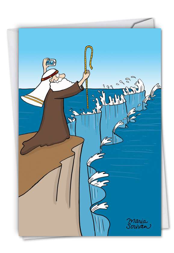 Funny Birthday Printed Greeting Card by Maria Scrivan from NobleWorksCards.com - Moses Selfie