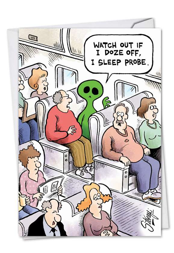 Hilarious Birthday Greeting Card by Tony Lopes from NobleWorksCards.com - Alien on Plane