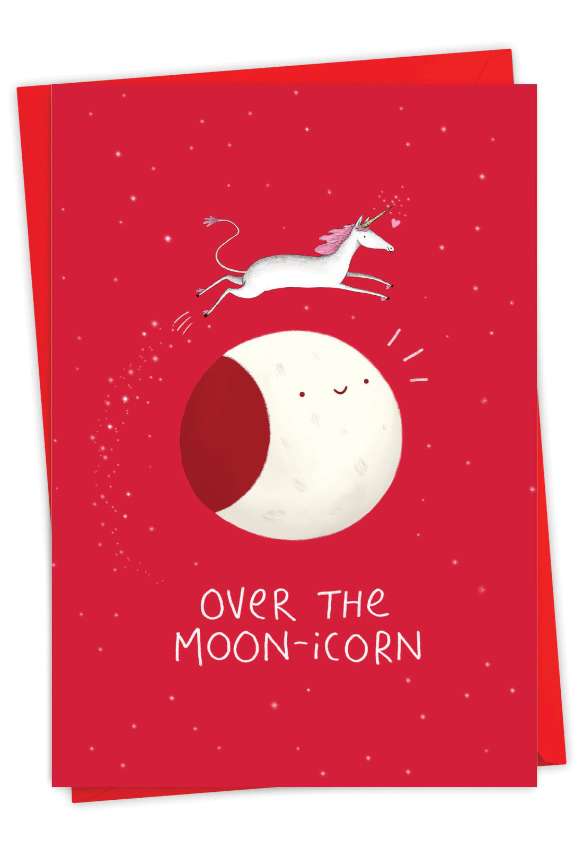 Beautiful Valentine's Day Printed Greeting Card By Sophie Corrigan From NobleWorksCards.com - Moon Unicorn