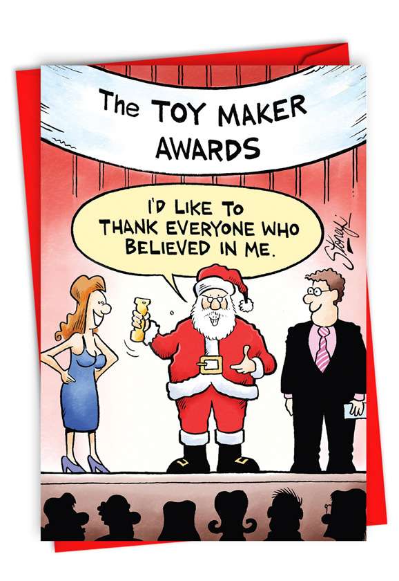 Humorous Christmas Thank You Paper Greeting Card By Tony Lopes From NobleWorksCards.com - Toy Maker Awards