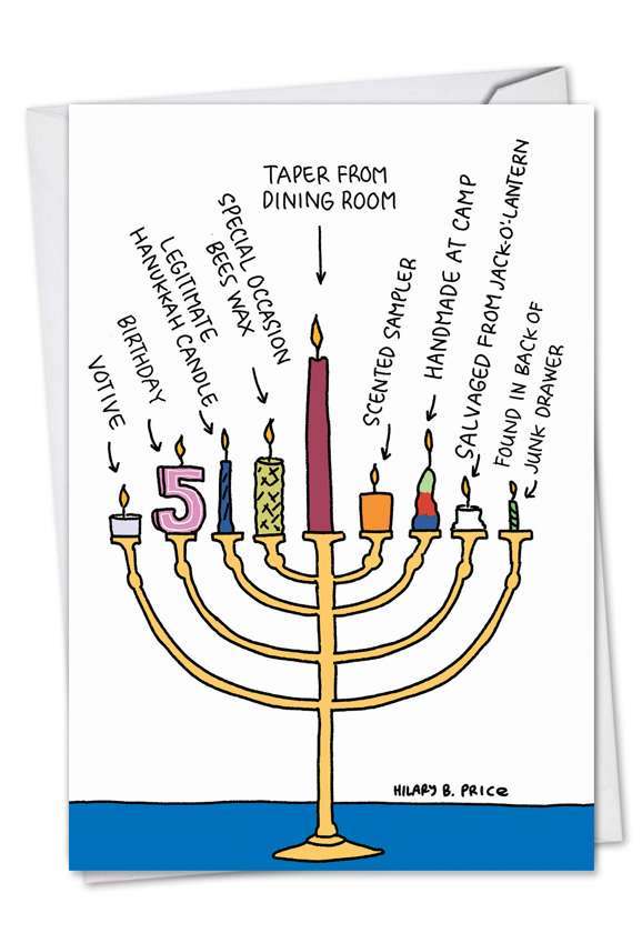 Funny Chanukah Printed Greeting Card by Hilary Price from NobleWorksCards.com - Menorah Candles