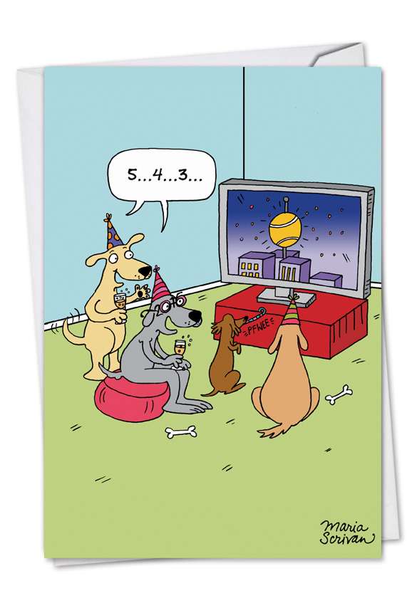 Funny New Year Printed Greeting Card by Maria Scrivan from NobleWorksCards.com - Dogs Countdown