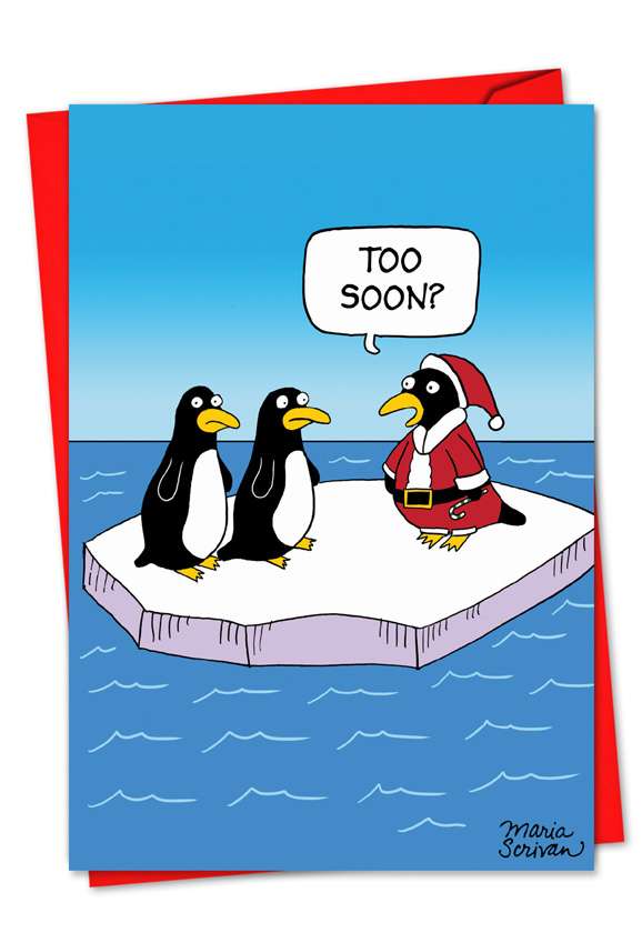 Funny Christmas Paper Greeting Card by Maria Scrivan from NobleWorksCards.com - Santa Penguin