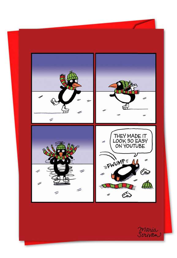 Hilarious Christmas Printed Greeting Card by Maria Scrivan from NobleWorksCards.com - Skating Penguin