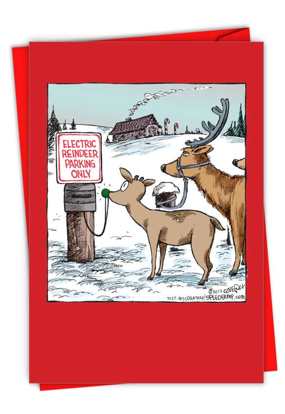 Electric Reindeer Parking: Funny Christmas Paper Card