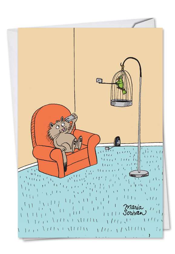 Hysterical Birthday Printed Card by Maria Scrivan from NobleWorksCards.com - Cat, Bird, Mouse Selfies