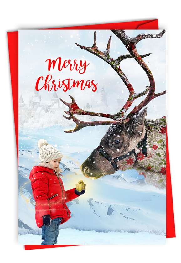 Stylish Merry Christmas Paper Greeting Card From NobleWorksCards.com - Patterned Animals - Reindeer