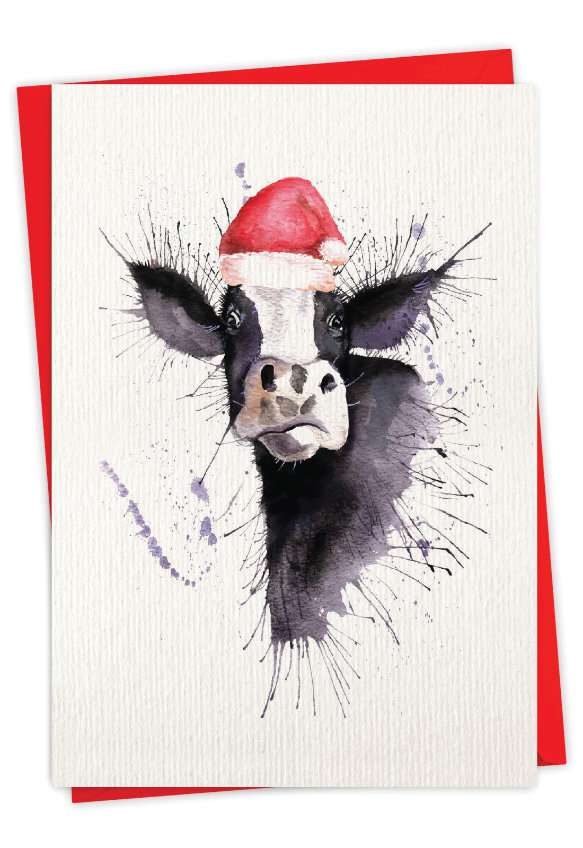 Artful Merry Christmas Paper Greeting Card By Katherine Williams From NobleWorksCards.com - Wildlife Expressions - Cow