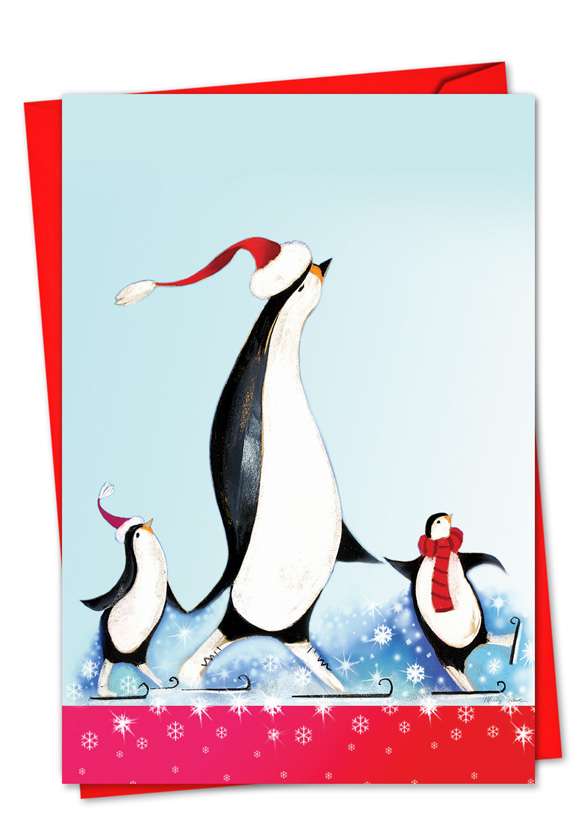 Stylish Christmas Printed Greeting Card by Marilyn Robertson from NobleWorksCards.com - Penguin Partytime