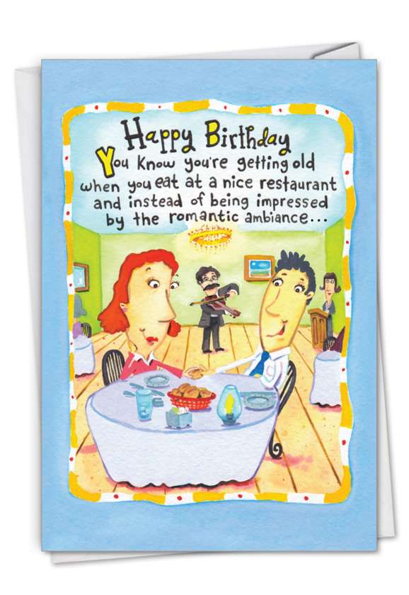 Funny Birthday Paper Greeting Card By Scott Nelson From NobleWorksCards.com - Nice Restaurant