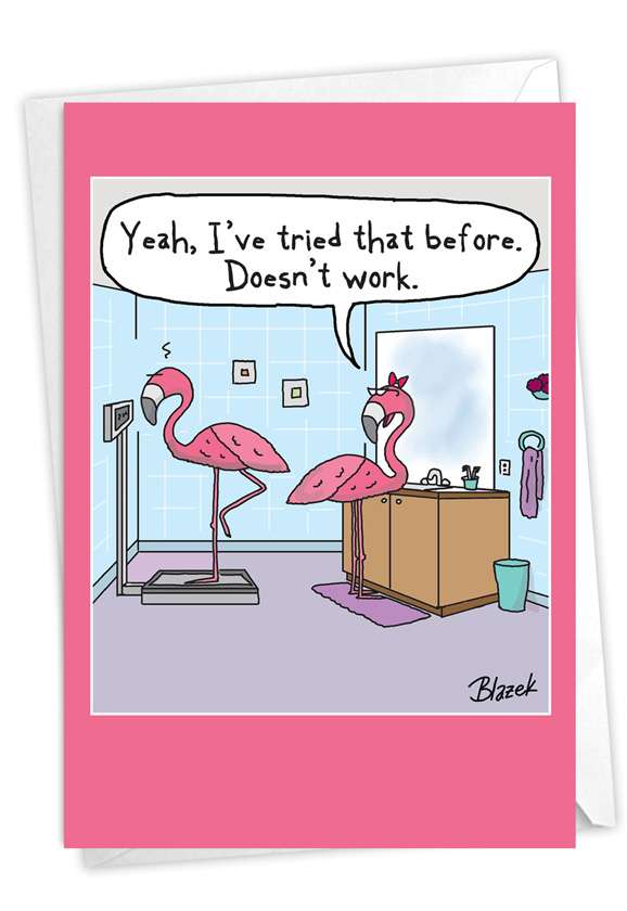 Humorous Birthday Paper Greeting Card By Dave Blazek From NobleWorksCards.com - Flamingo Scale