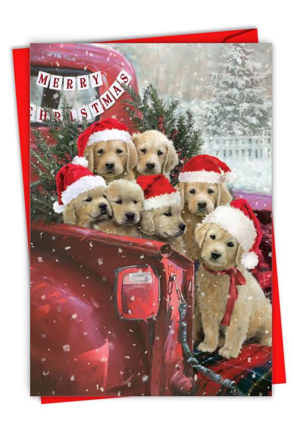 Stylish Merry Christmas Greeting Card By Jason Kirk From NobleWorksCards.com - Red Truck Puppies - Goldens