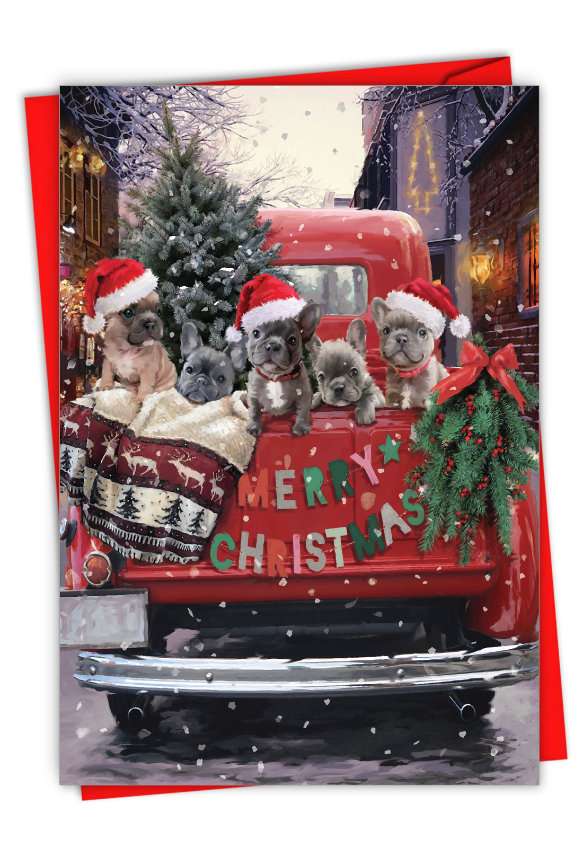 Artful Merry Christmas Printed Card By Jason Kirk From NobleWorksCards.com - Red Truck Puppies - Buddies