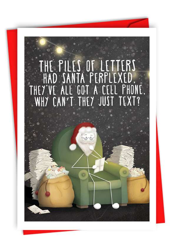 Humorous Merry Christmas Paper Card By Lanther Black/The Sharpe Company From NobleWorksCards.com - Just Text Santa