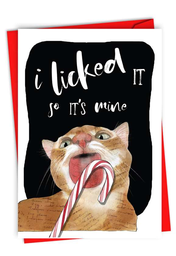 Humorous Merry Christmas Paper Card By Christine Anderson From NobleWorksCards.com - Cat Lick