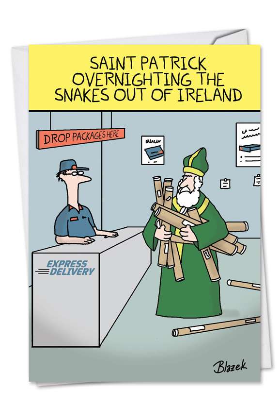 Humorous St. Patrick's Day Greeting Card by Dave Blazek from NobleWorksCards.com - Overnighting The Snakes