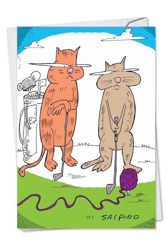 Humorous Birthday Printed Greeting Card by Michael Salpino from NobleWorksCards.com - Cat Golf
