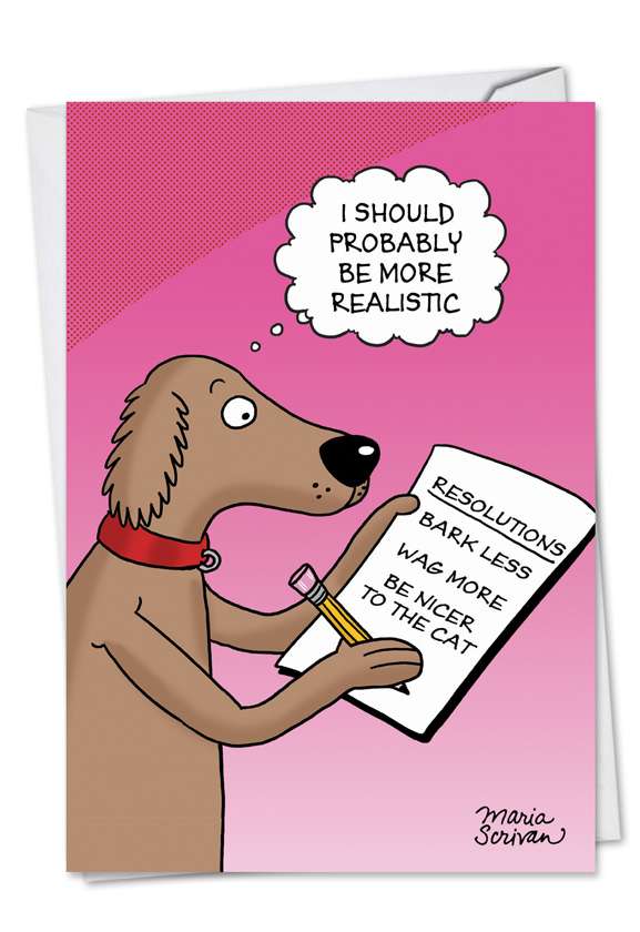 Funny New Year Paper Card by Maria Scrivan from NobleWorksCards.com - Dog Resolutions