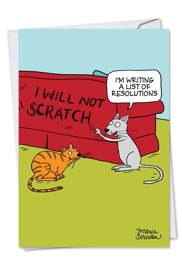 Humorous New Year Printed Card by Maria Scrivan from NobleWorksCards.com - Cat Resolutions