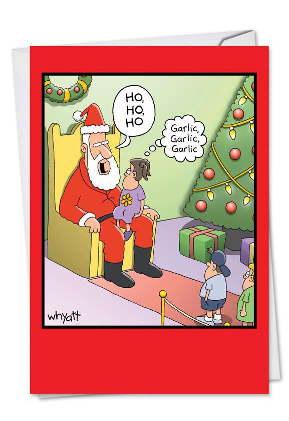 Humorous Christmas Paper Greeting Card by Tim Whyatt from NobleWorksCards.com - Santa Garlic Breath